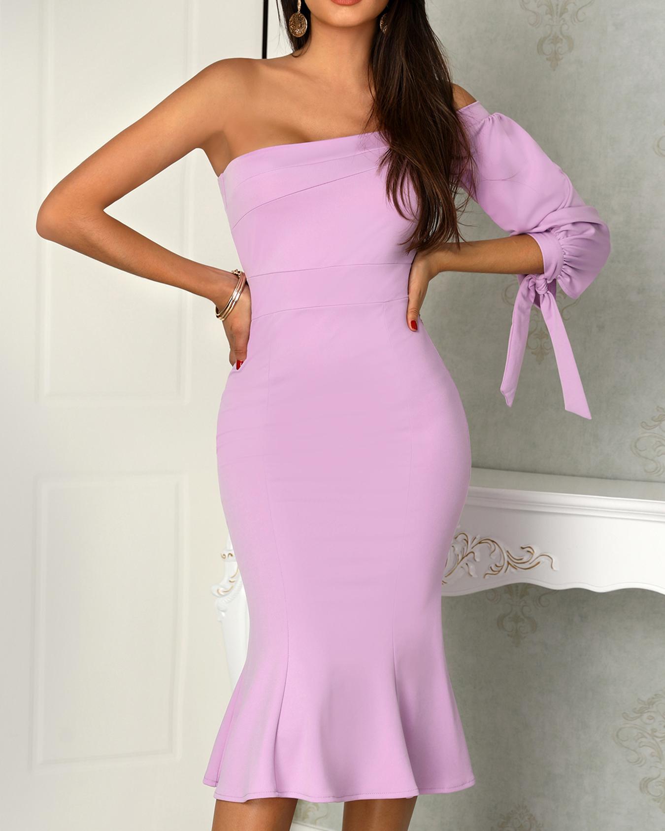 

One Shoulder Tied Sleeve Pep Hem Bodycon Dress, Purple