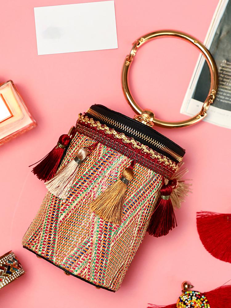 

Tassel Embellished Ring Chain Bucket Handbag, Red