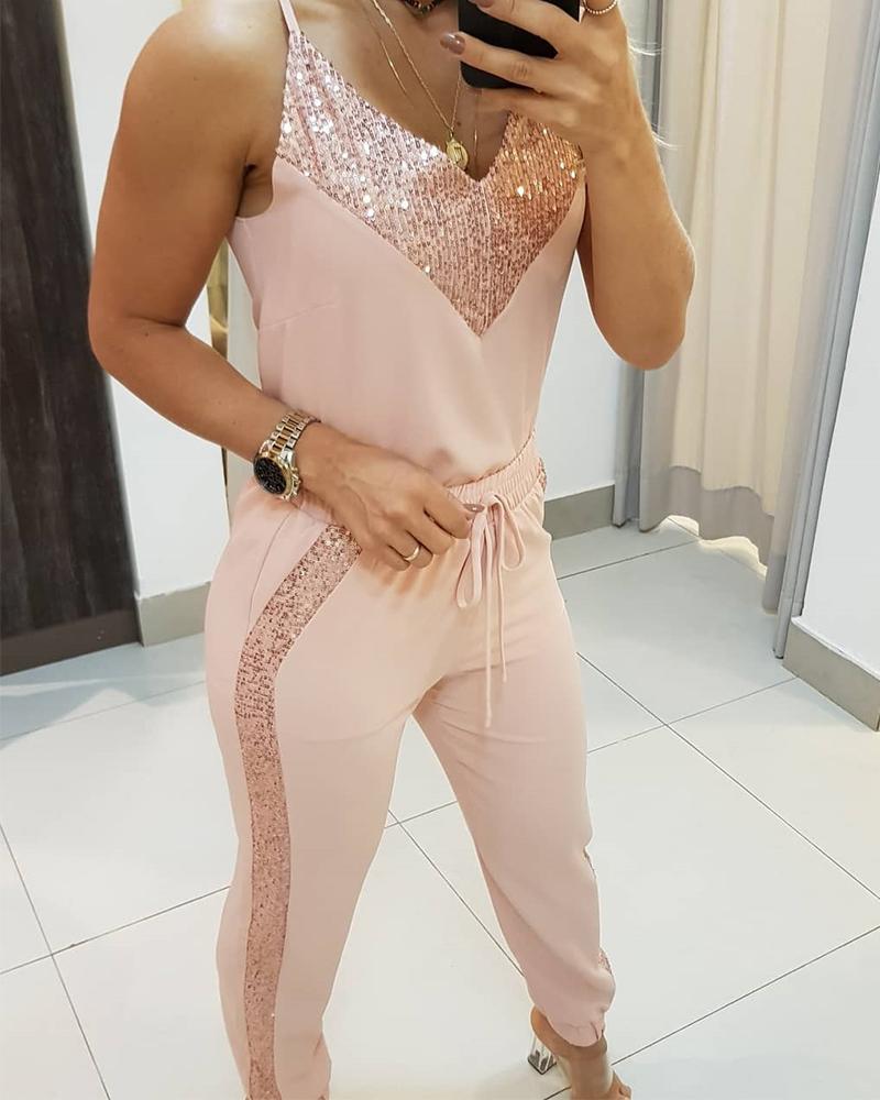 

Sequin Contrast Top & Pants Set, Pink