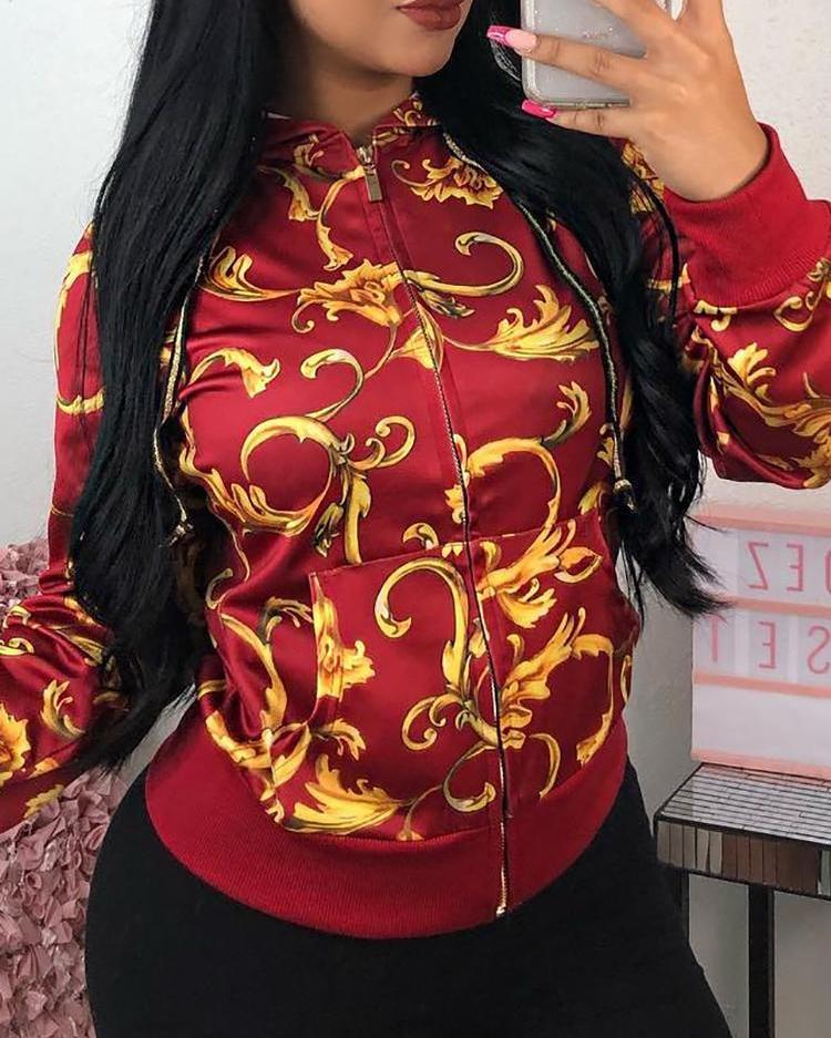 

Baroque Print Zipper Up Hooded Jacket, Red