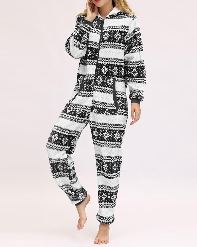 

Christmas Mixed Print Hooded Lounge Jumpsuit, Black