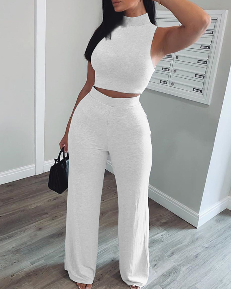 

Solid Crop Tank Top & Pants Set, White