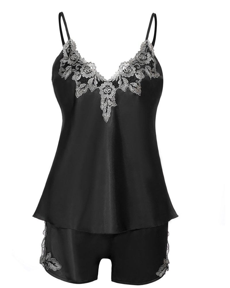 

Embroidery Floral Lace Trim Satin Cami Set, Black