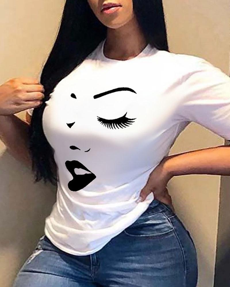 

Abstract Figure Print Short Sleeve Casual T-shirt, White