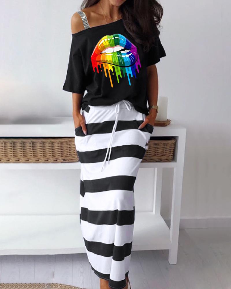 

Lip Print Cold Shoulder T-Shirt & Striped Skirt Set, Black