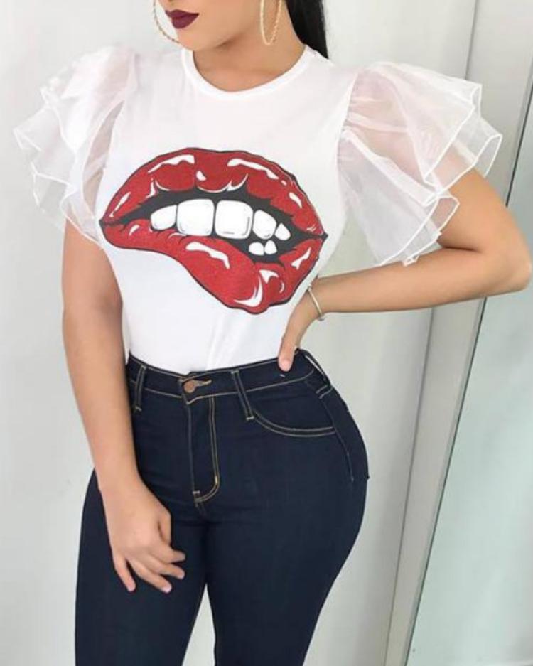 

Exaggerate Lips Print Mesh Layered Sleeve Tee, White