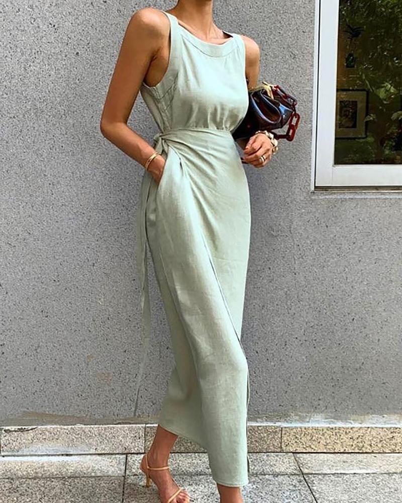 

Solid Sleeveless Round Neck Casual Dress, Light green