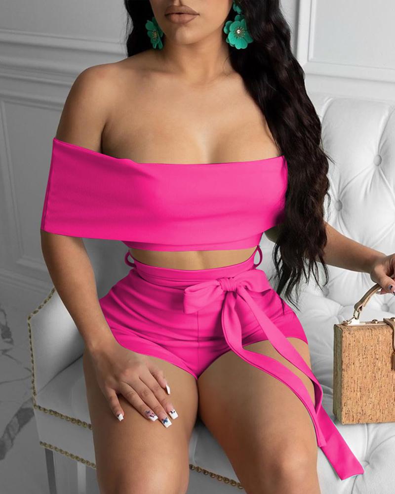 

Off Shoulder Solid Crop Top & Short Pant, Hot pink