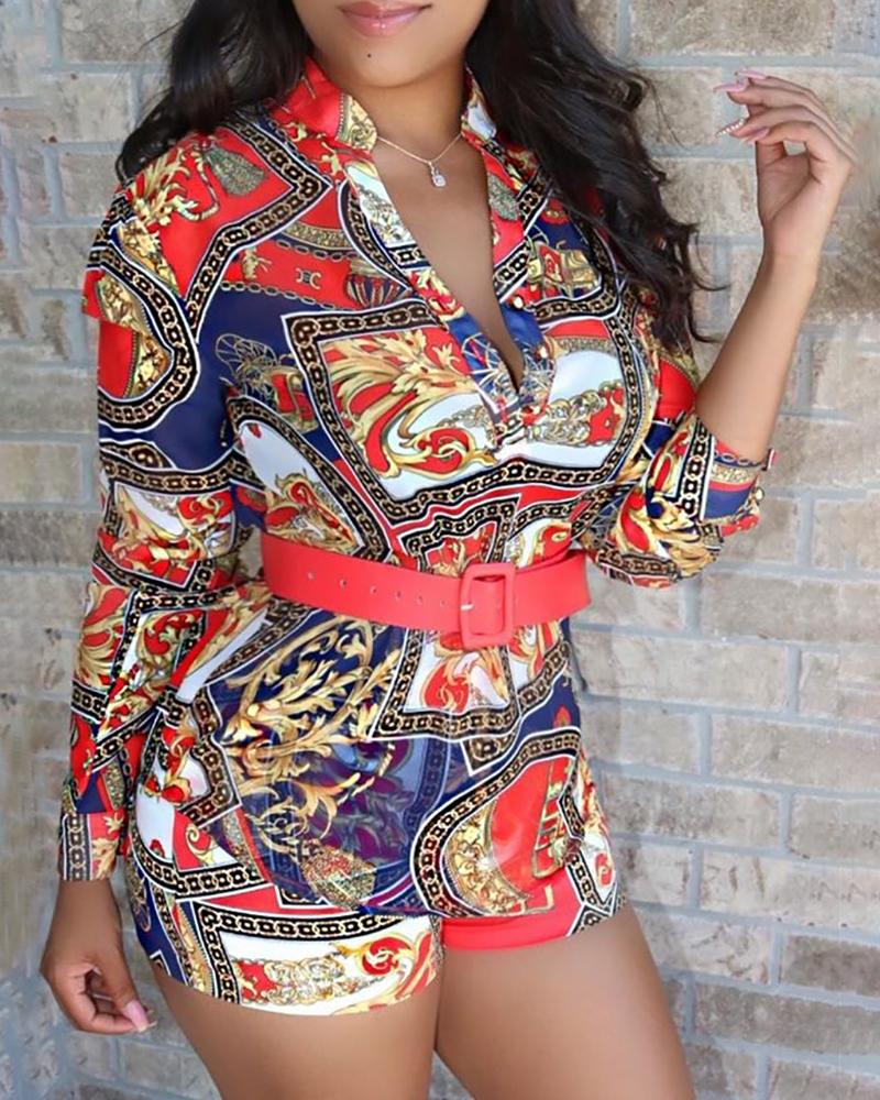 

Baroque Print Long Sleeve Romper, Multicolor