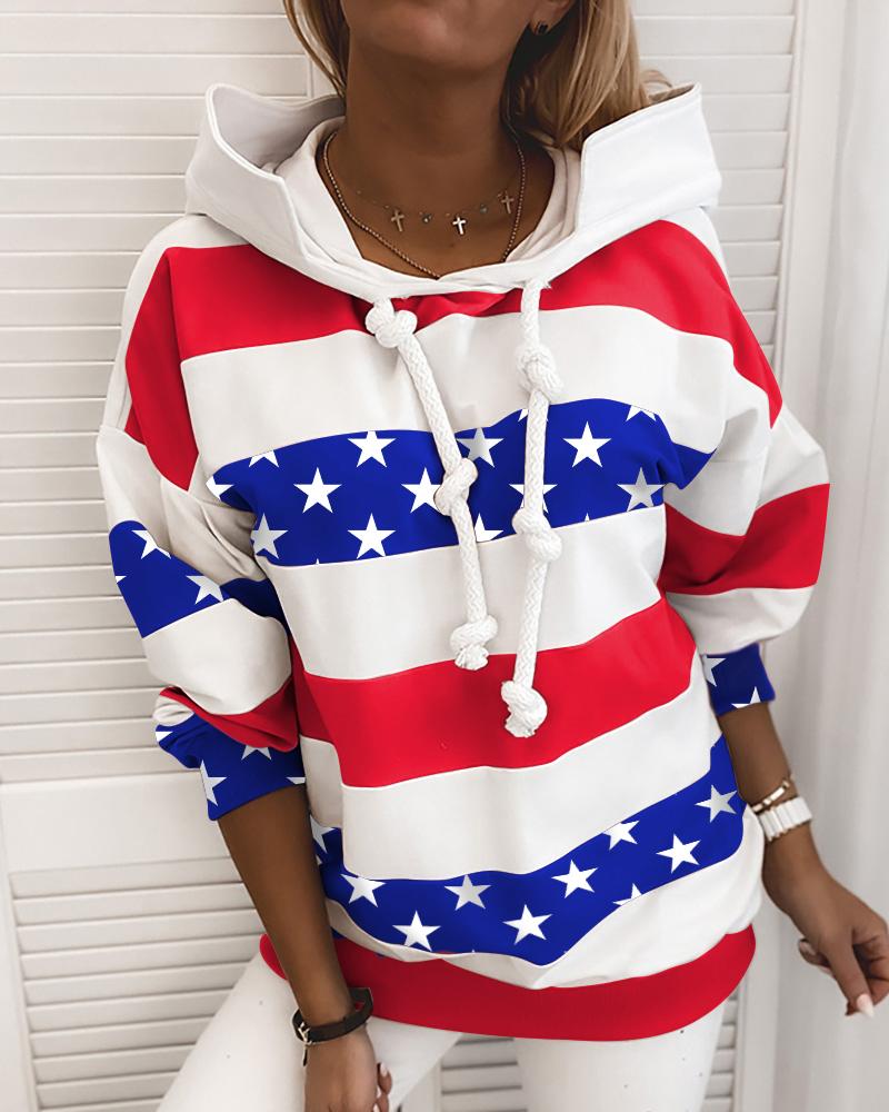 

Colorblock Striped Stars Print Hooded Sweatshirt, Red