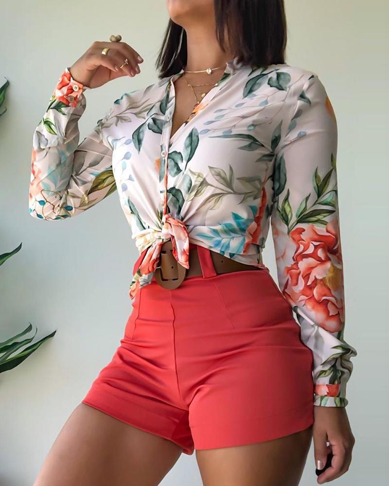 

Floral Print Button Design Long Sleeve Shirt, White