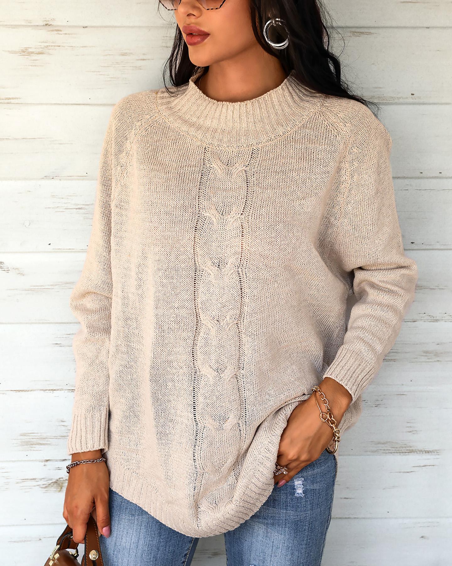 

Solid Long Sleeve Knit Sweater, Apricot