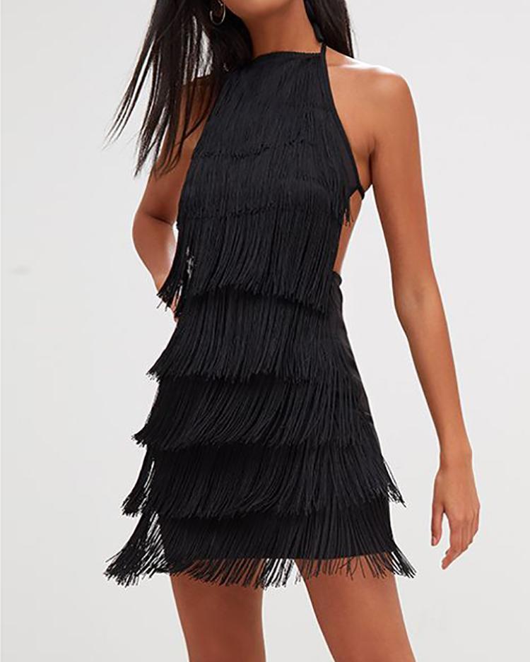 

Halter Layered Tassel Open Back Dress, Black