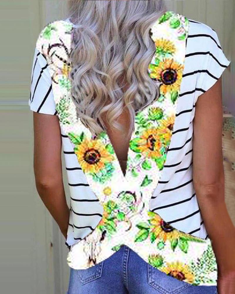 

Print Striped Backless Casual T-shirt, White