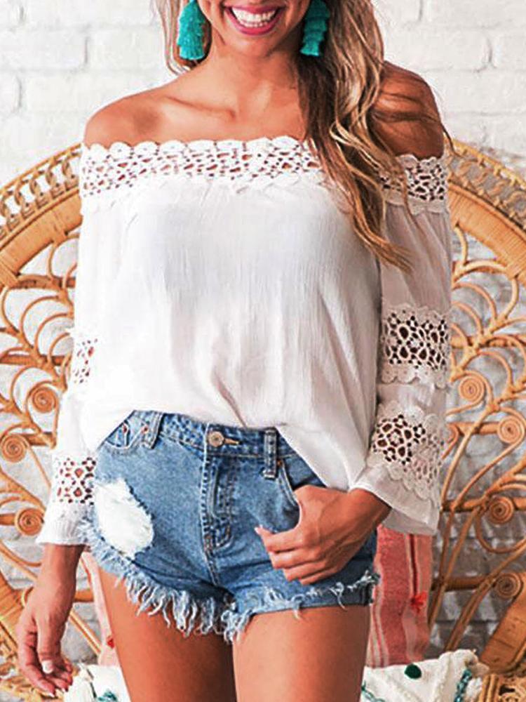 

Solid Off Shoulder Crochet Insert Blouse, White