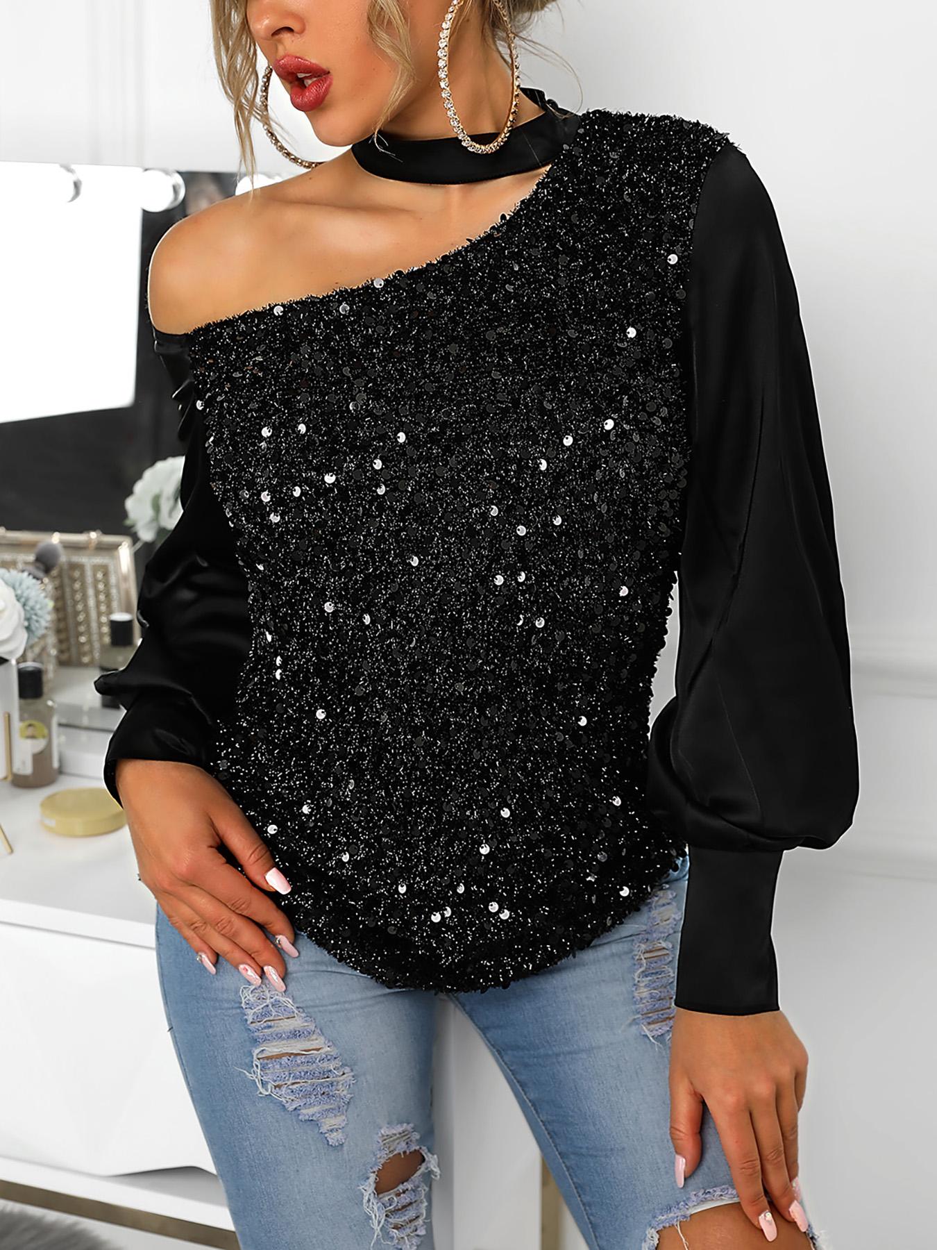 

Choker Cut Out Shoulder Sequin Top, Black