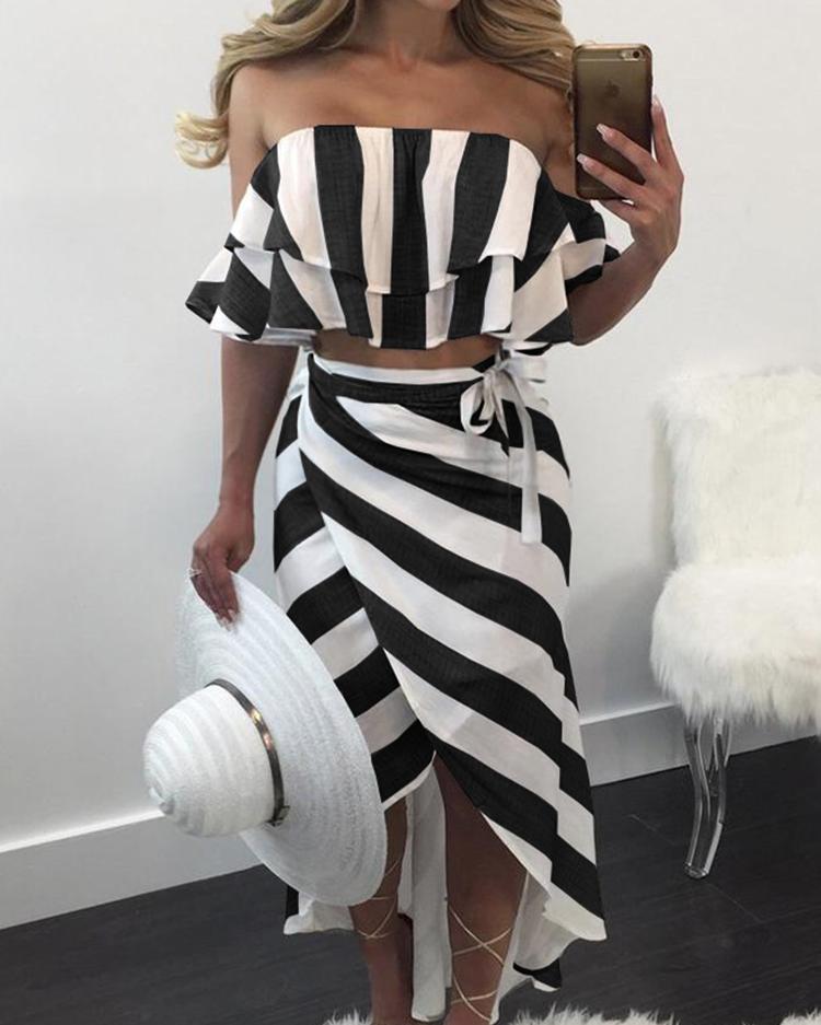 

Striped Ruffles Crop Top & Wrap Skirt, Black