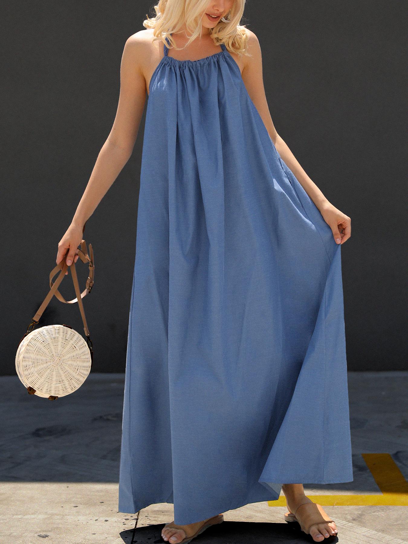 

Oversize Halter Neck Pleated Maxi Dress, Blue