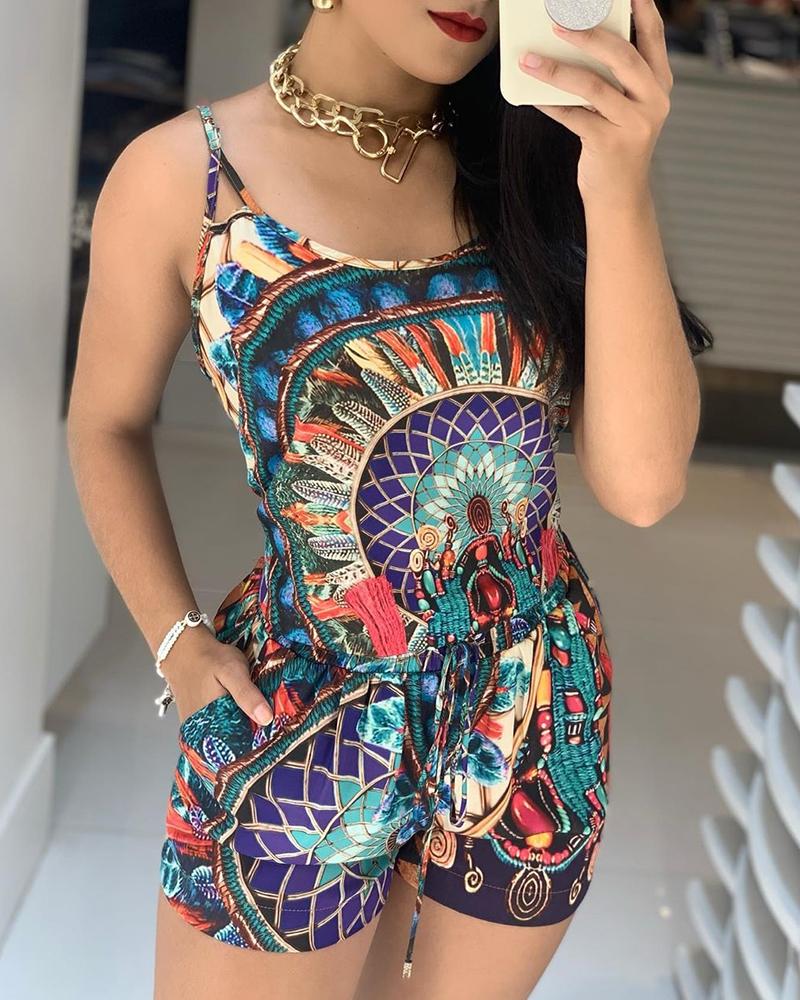 

Spaghetti Strap Print Casual Romper, Multicolor