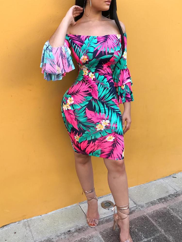 

Tropical Print Tiered Sleeve Bodycon Dress, Pink