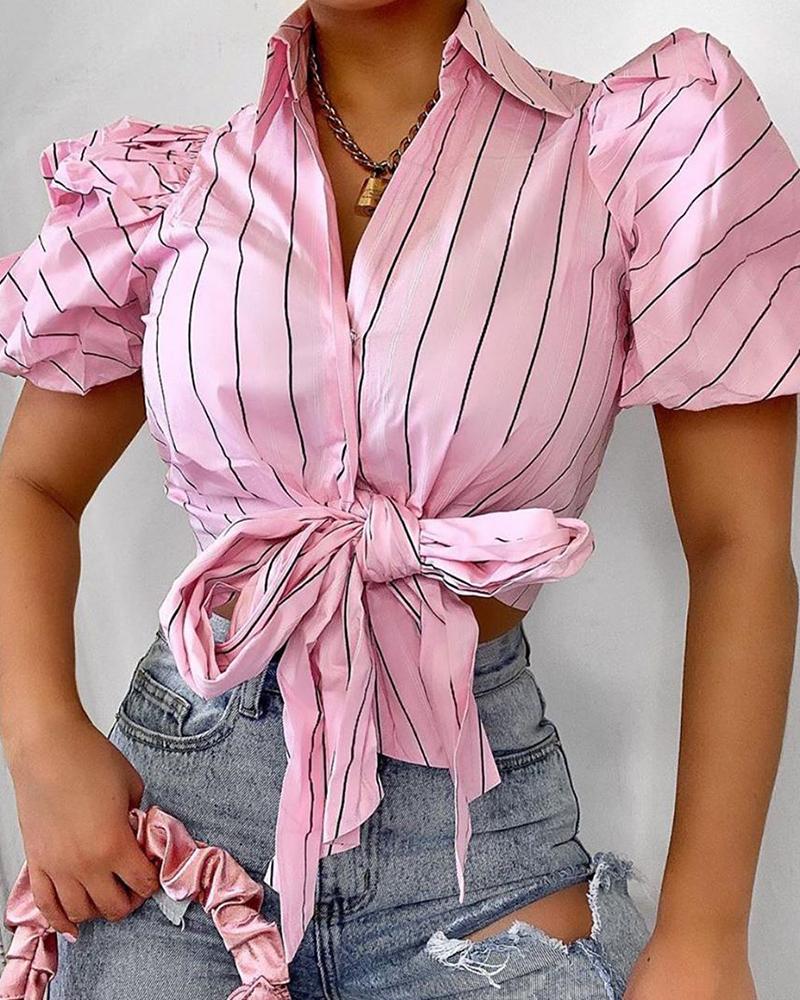 

Striped Tie Front Puff Sleeve Blouse, Pink