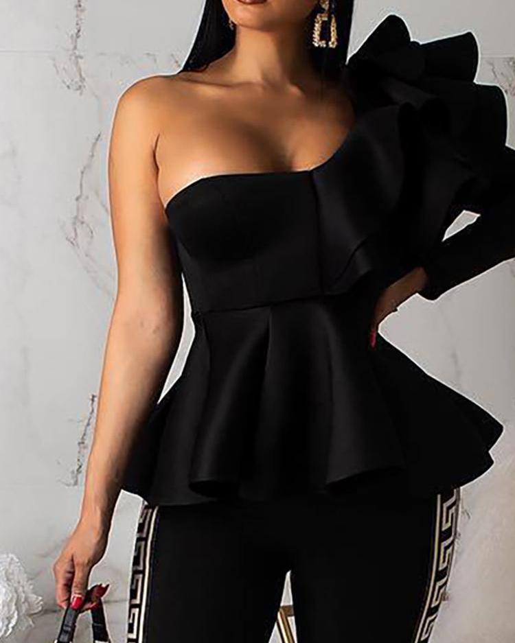 

One Shoulder Zipper Up Peplum Ruffled Tops, Black