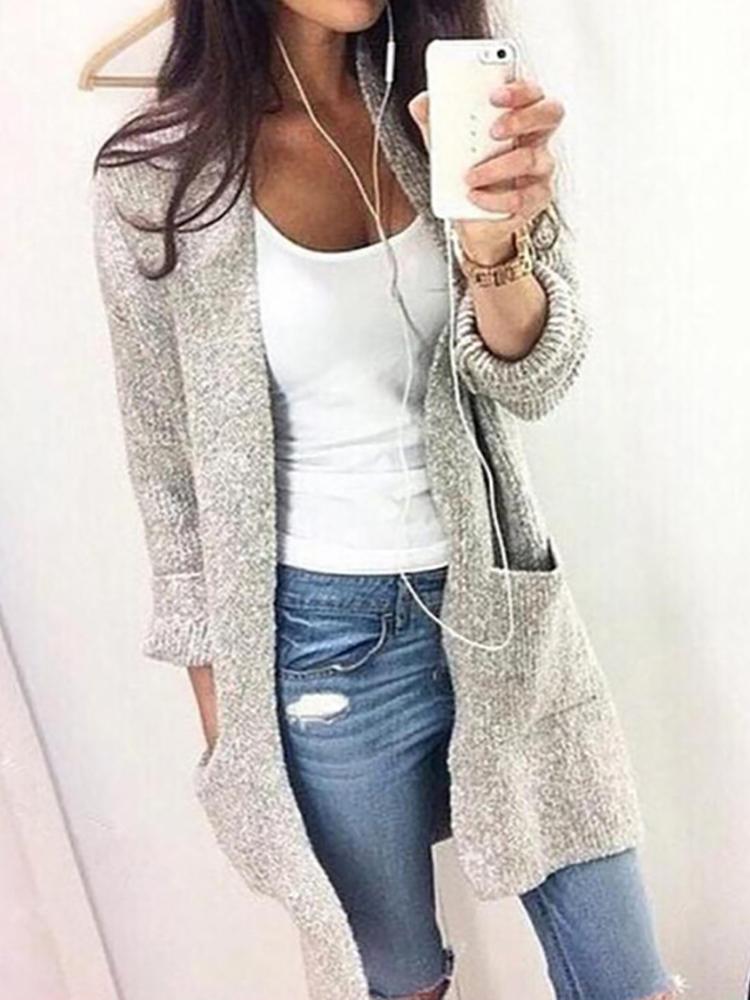 

Fashion Solid Pocket Design Longline Sweater Cardigan, Gray