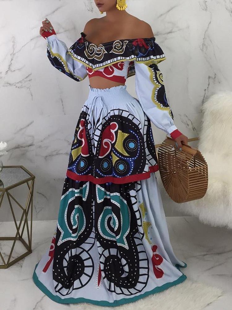 

Mixed Print Off Shoulder Top & Shirring Skirt Sets