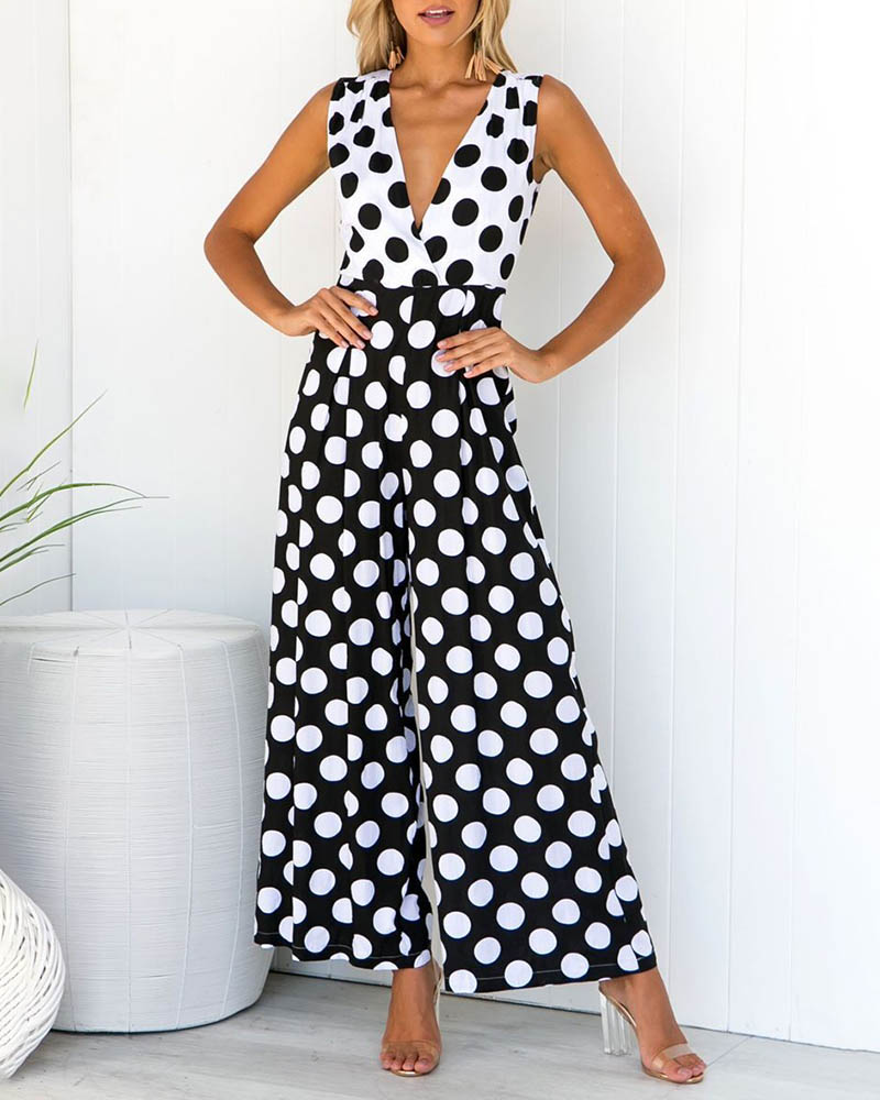 

V-neck Sleeveless Polka Dot Wide Leg Jumpsuit, Black