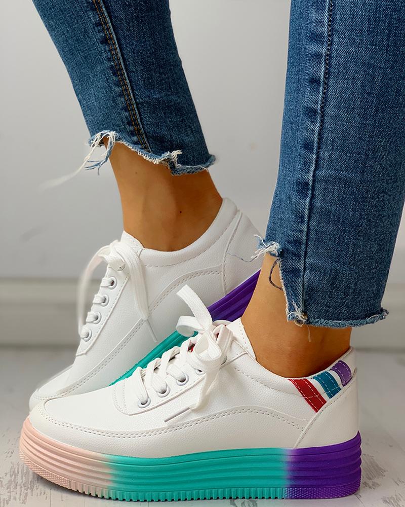 

Colorblock Striped Lace-Up PU Sneakers, White