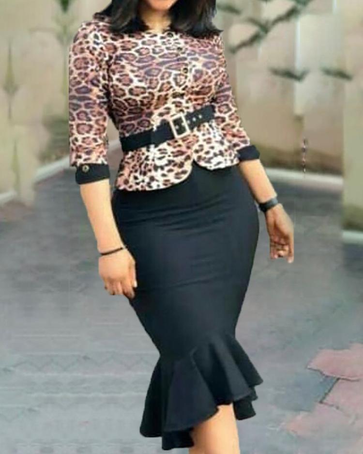 

Leopard Print Splicing Fake Two Piece Fishtail Dress, Black