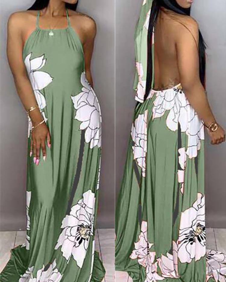 

Floral Print Halter Open Back Maxi Dress, Light green