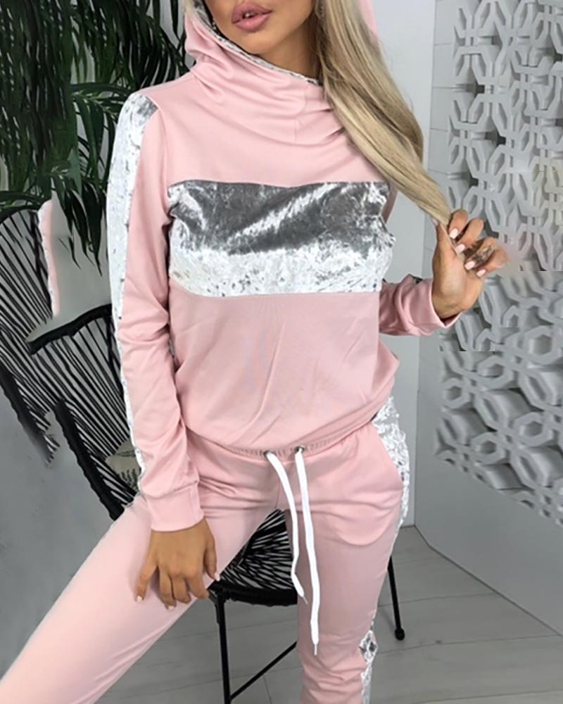 

Hooded Colorblock Insert Sweatshirt & Pants Sets, Pink