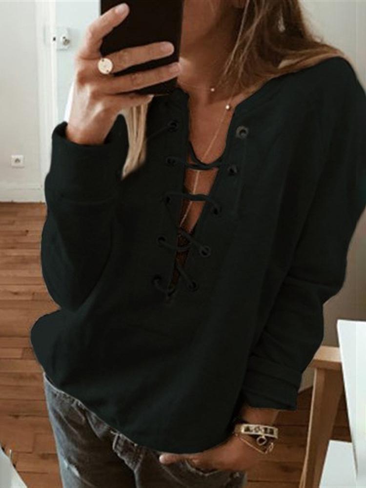 

Solid Long Sleeve Lace-Up Eyelet Sweatshirt, Black