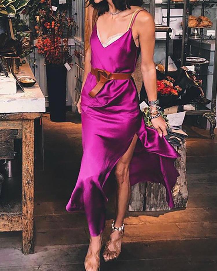 

Spaghetti Strap Open Back Thigh Slit Dress, Purple