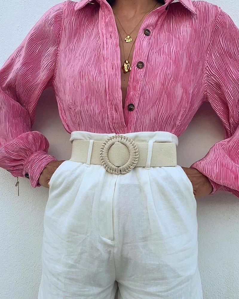 

Solid Lantern Sleeve Ruched Buttoned Blouse