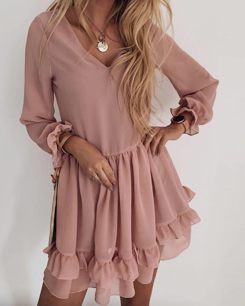 

V Neck Ruffle Hem Dress, Pink