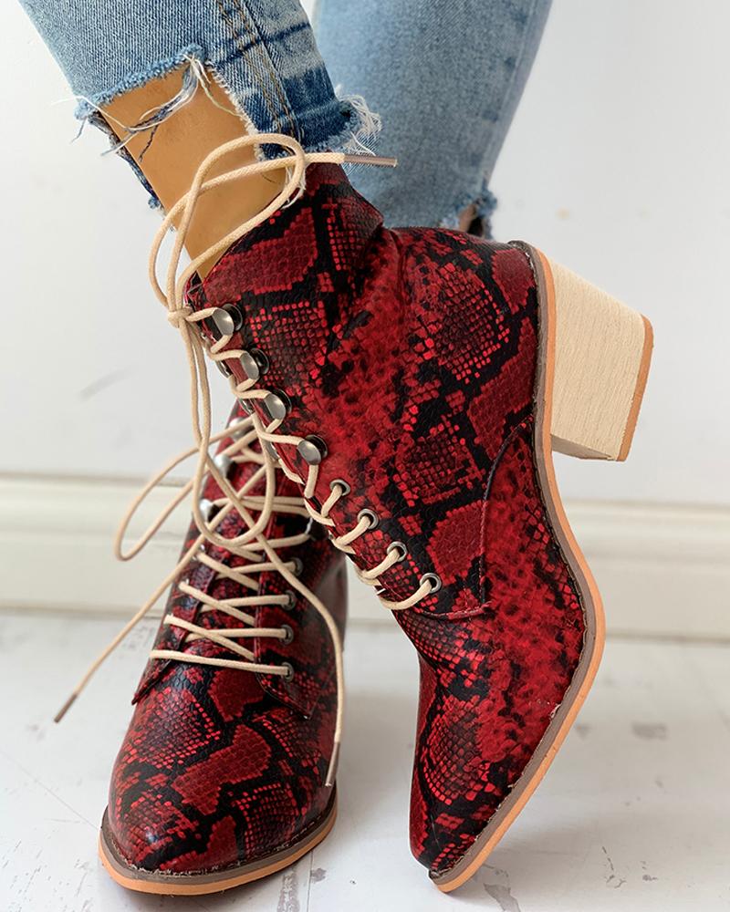 

Pointed Toe Lace-up Snakeskin Chunky Heeled Boots, Red