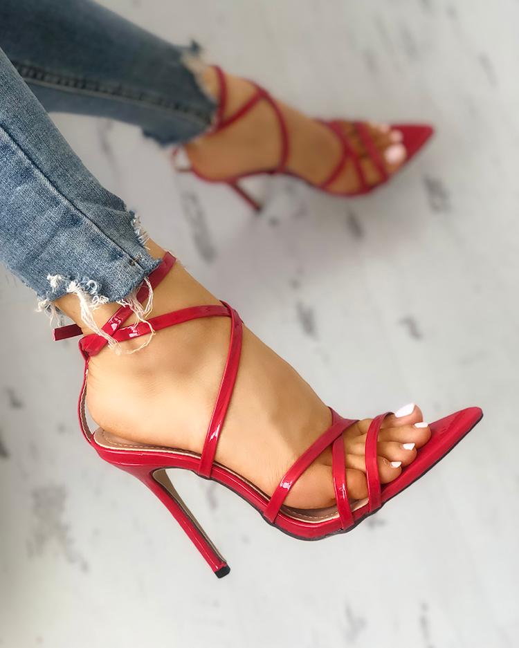 

Solid Strappy Peep Toe Buckled Thin Heeled Sandals, Red