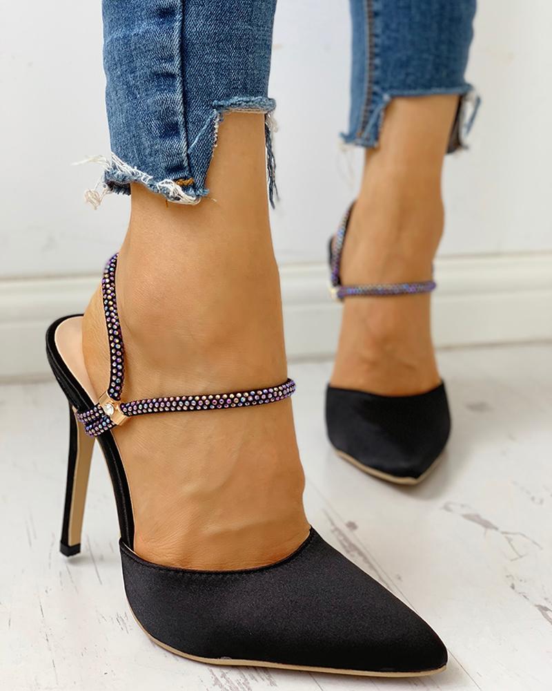 

Pointed Toe Studded Detail Slingback Heels, Black