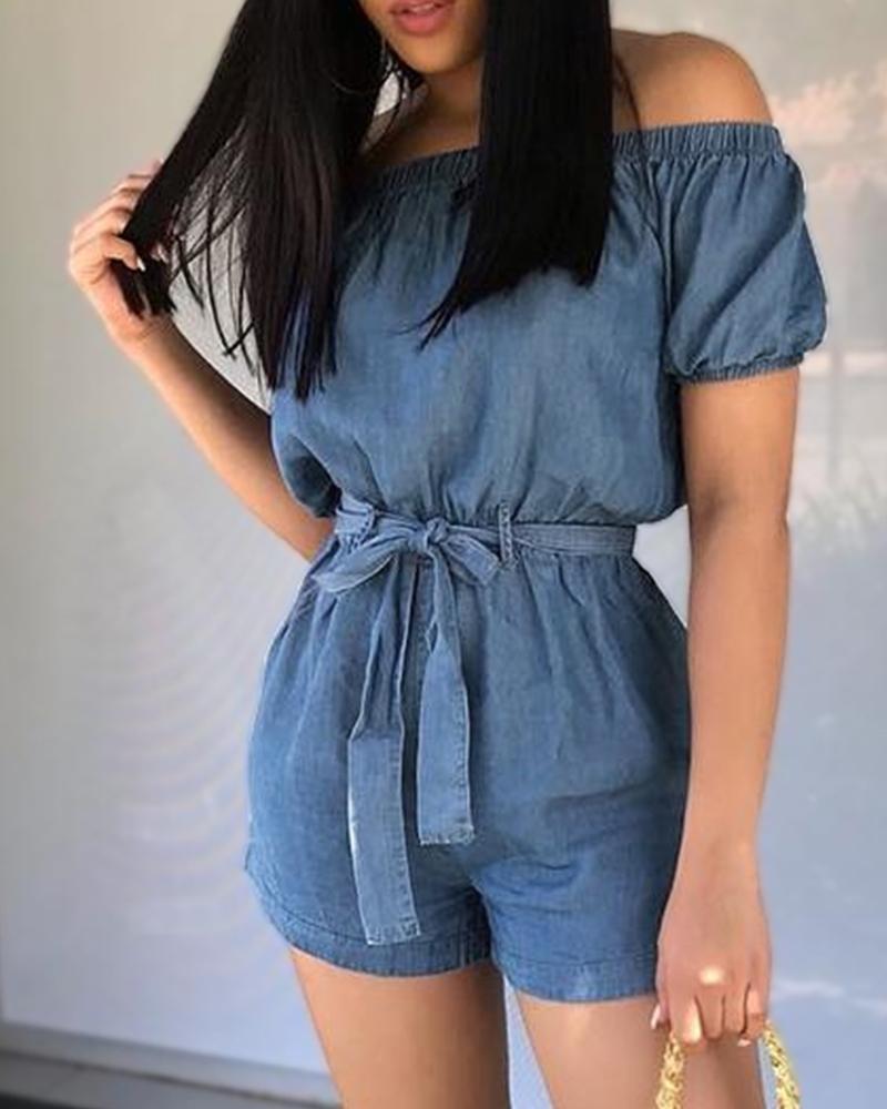 

Off Shoulder Belted Casual Romper, Blue