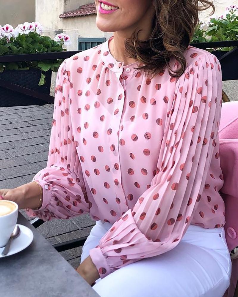 

Dot Print Ruched Lantern Sleeve Blouse, Pink