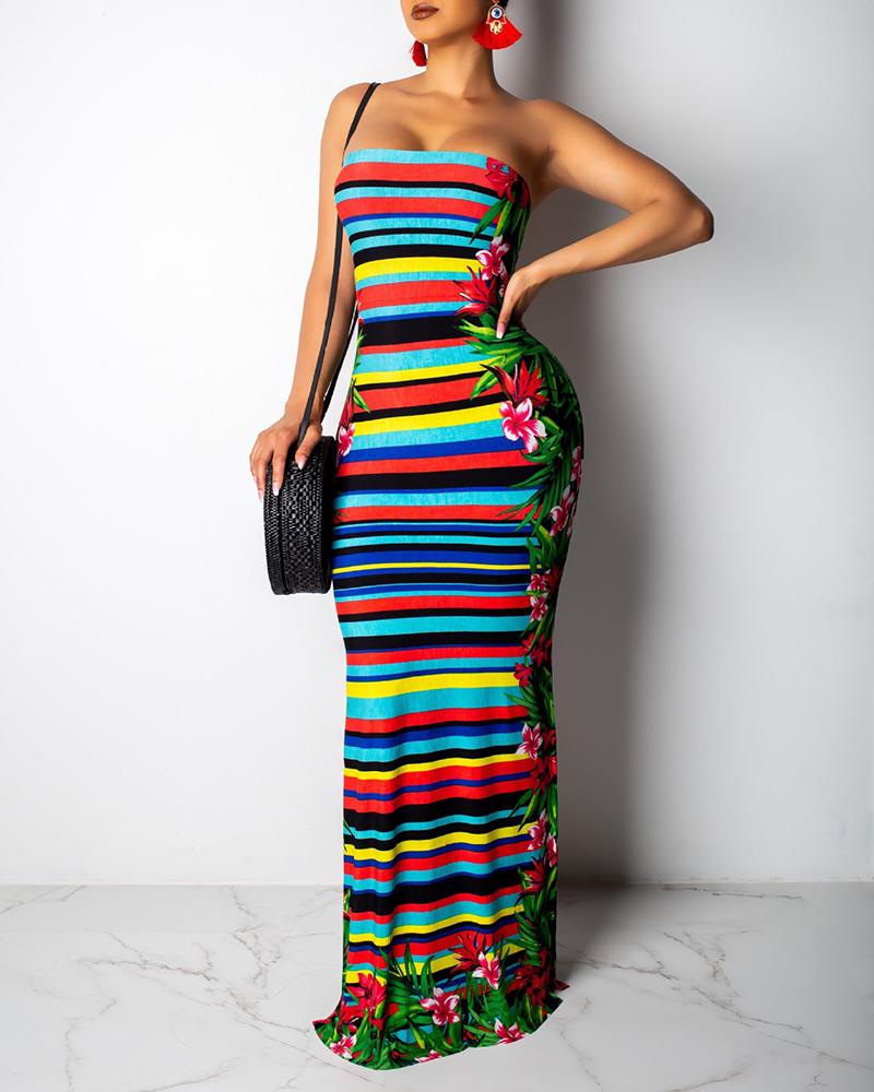 

Backless Striped & Tropical Print Tube Maxi Dress, Multicolor