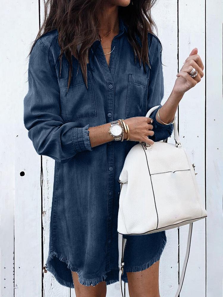 

Denim Frayed Hem Long Sleeve Shirt Dress, Dark blue