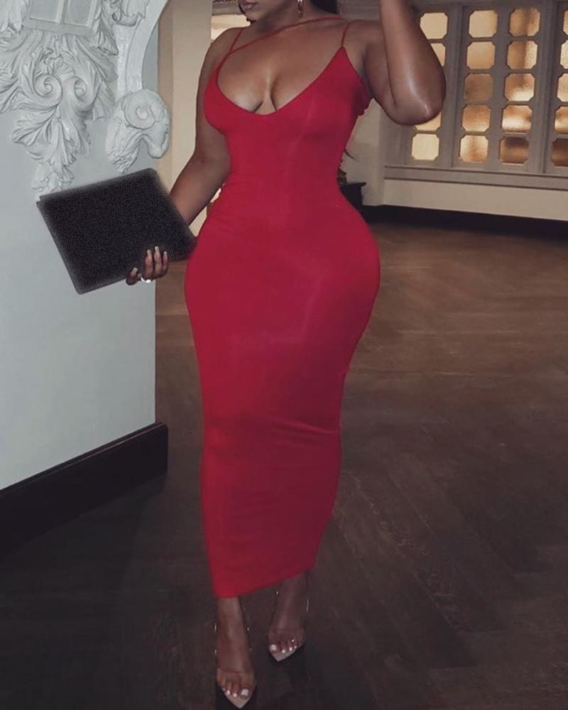 

Solid Spaghetti Strap Bodycon Dress, Red