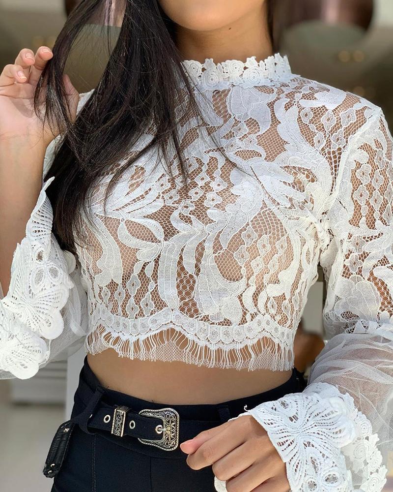 

Eyelash Lace Bell Sleeve Mesh Casual Blouse, White