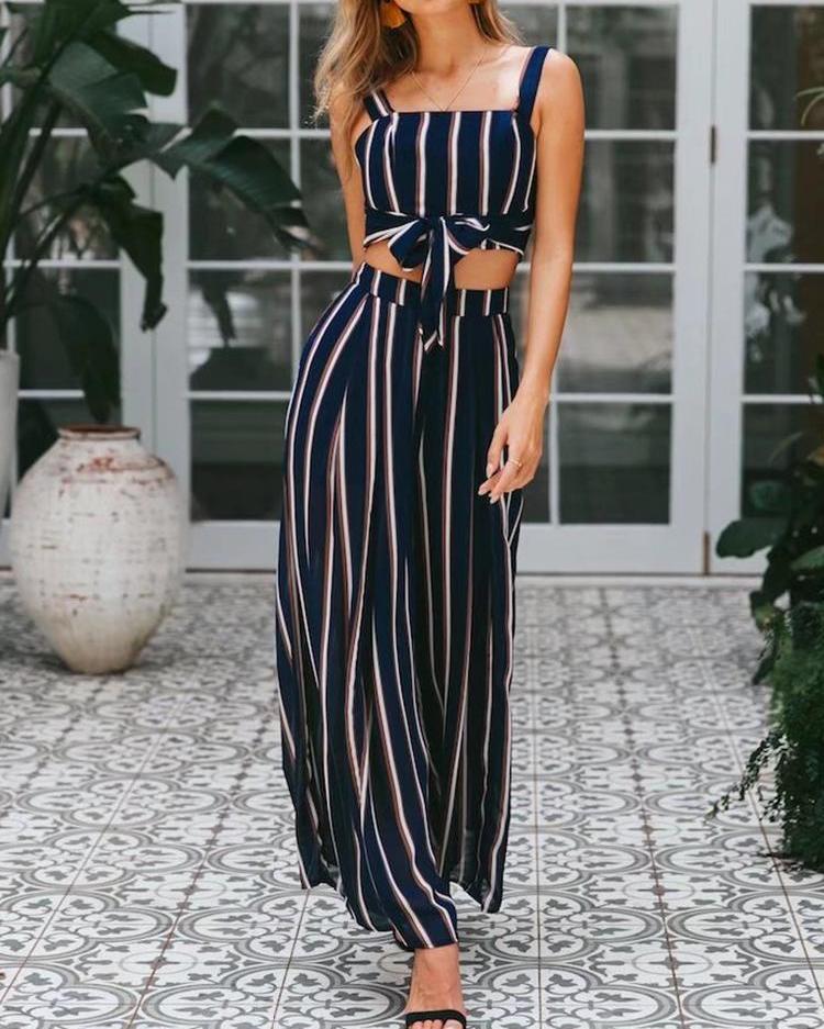 

Striped Knot Front Crop Top & Skirt Sets, Dark blue
