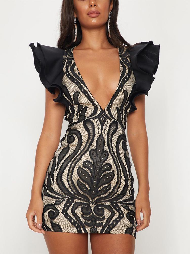 

Deep V Neck Ruffles Lace Bodycon Dress