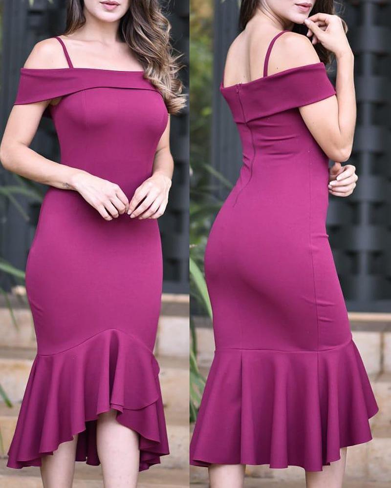

Plain Cold Shoulder Ruffle Hem Dress, Purple