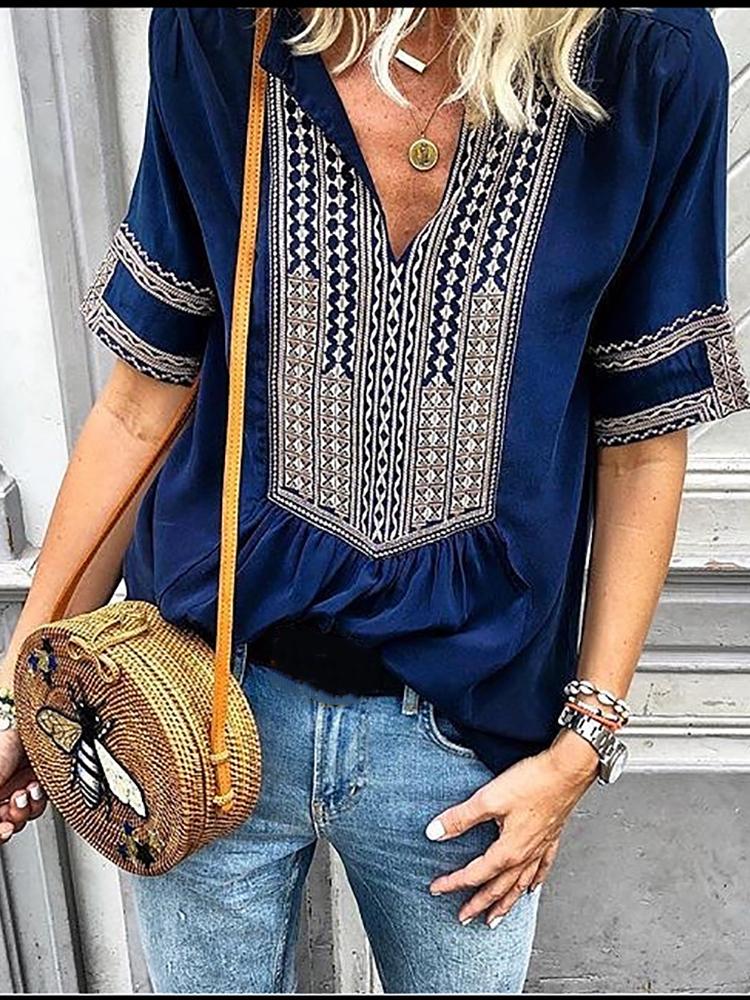 

Ethnic Print Splicing V-Neck Casual Blouse, Dark blue